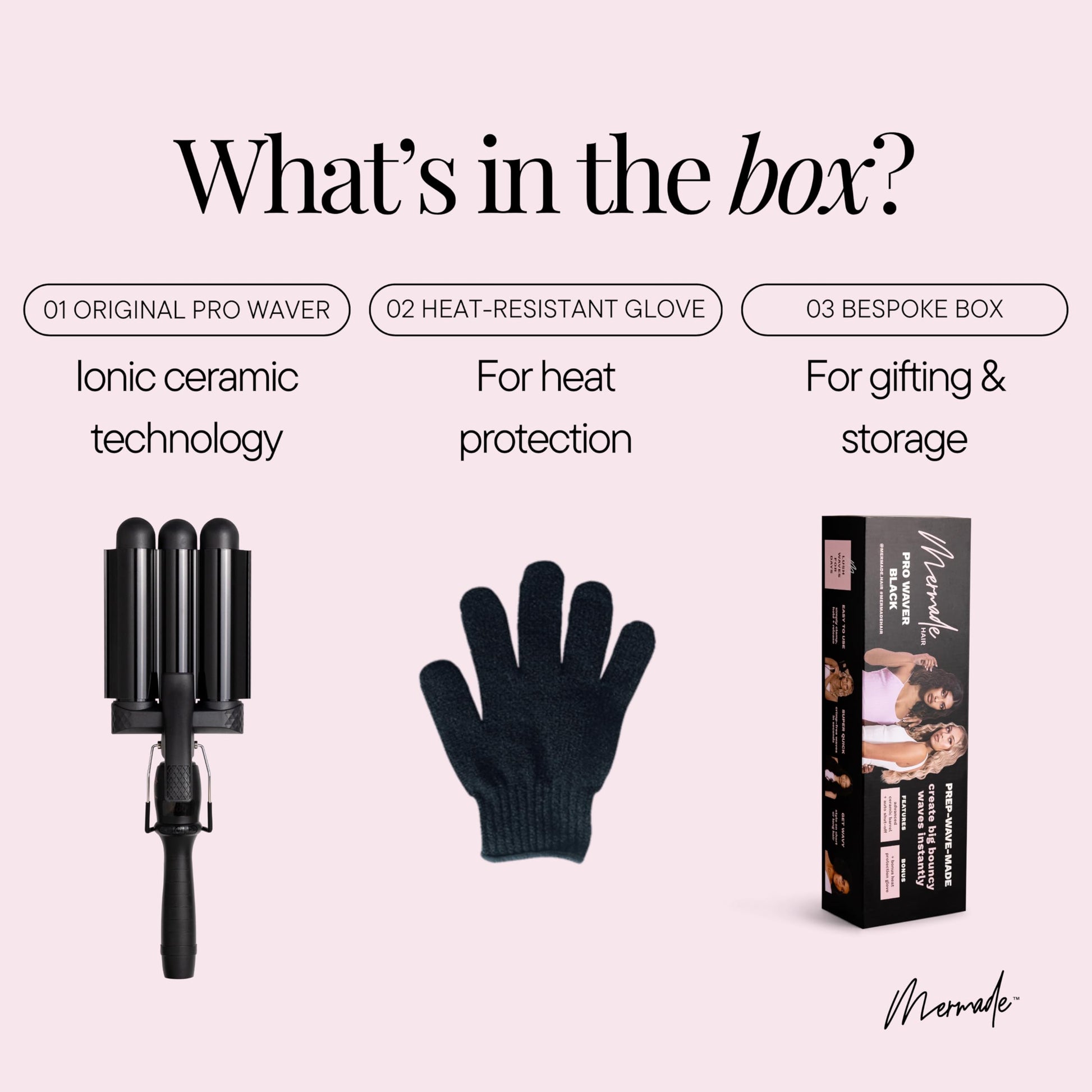 Premium Mermade Hair 1.25 inch ceramic waver tool with the included black heat protection glove