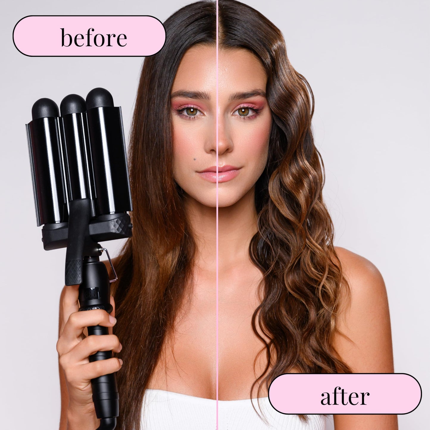 Close up shot of the high-grade ionic ceramic barrels on the black Mermade Hair PRO styling tool