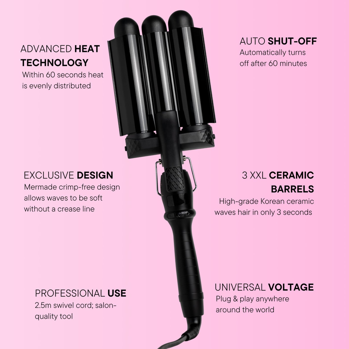Authentic USA imported Mermade Hair black triple barrel waver displayed on a vanity table