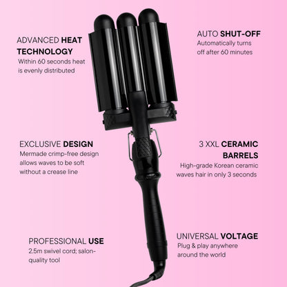 Authentic USA imported Mermade Hair black triple barrel waver displayed on a vanity table