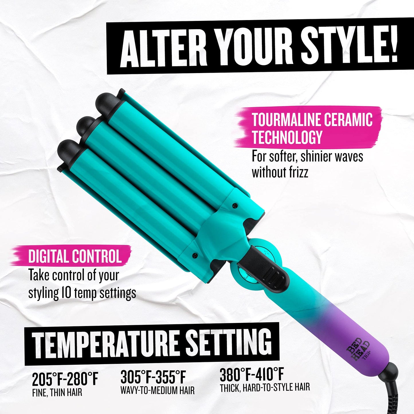 Digital temperature display and control buttons on the handle of the Bed Head jumbo waver.