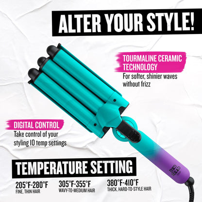 Digital temperature display and control buttons on the handle of the Bed Head jumbo waver.