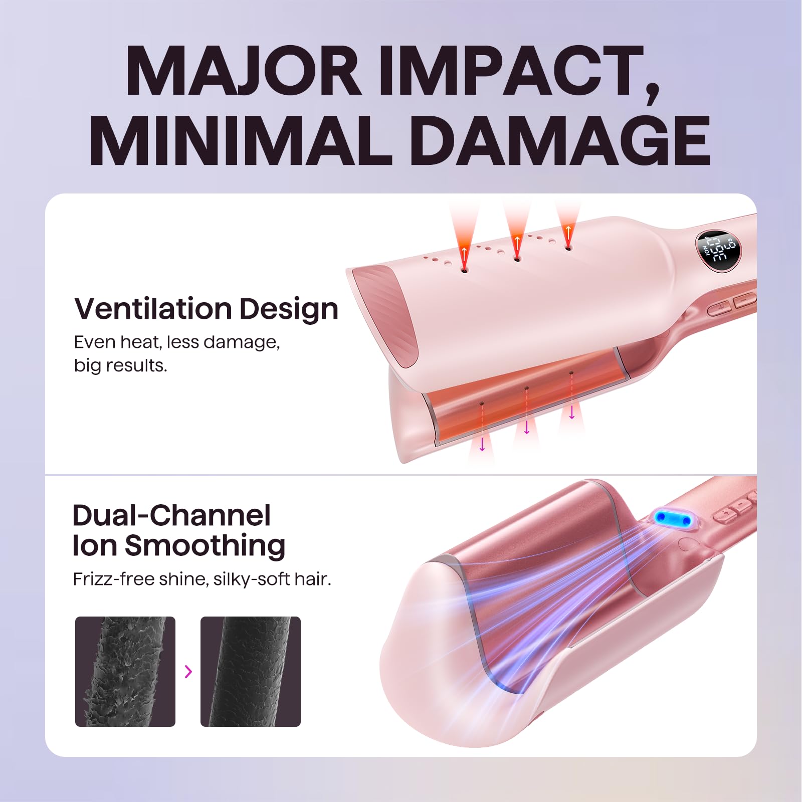 Wavytalk pink hair waver highlighting the advanced heat ventilation design holes
