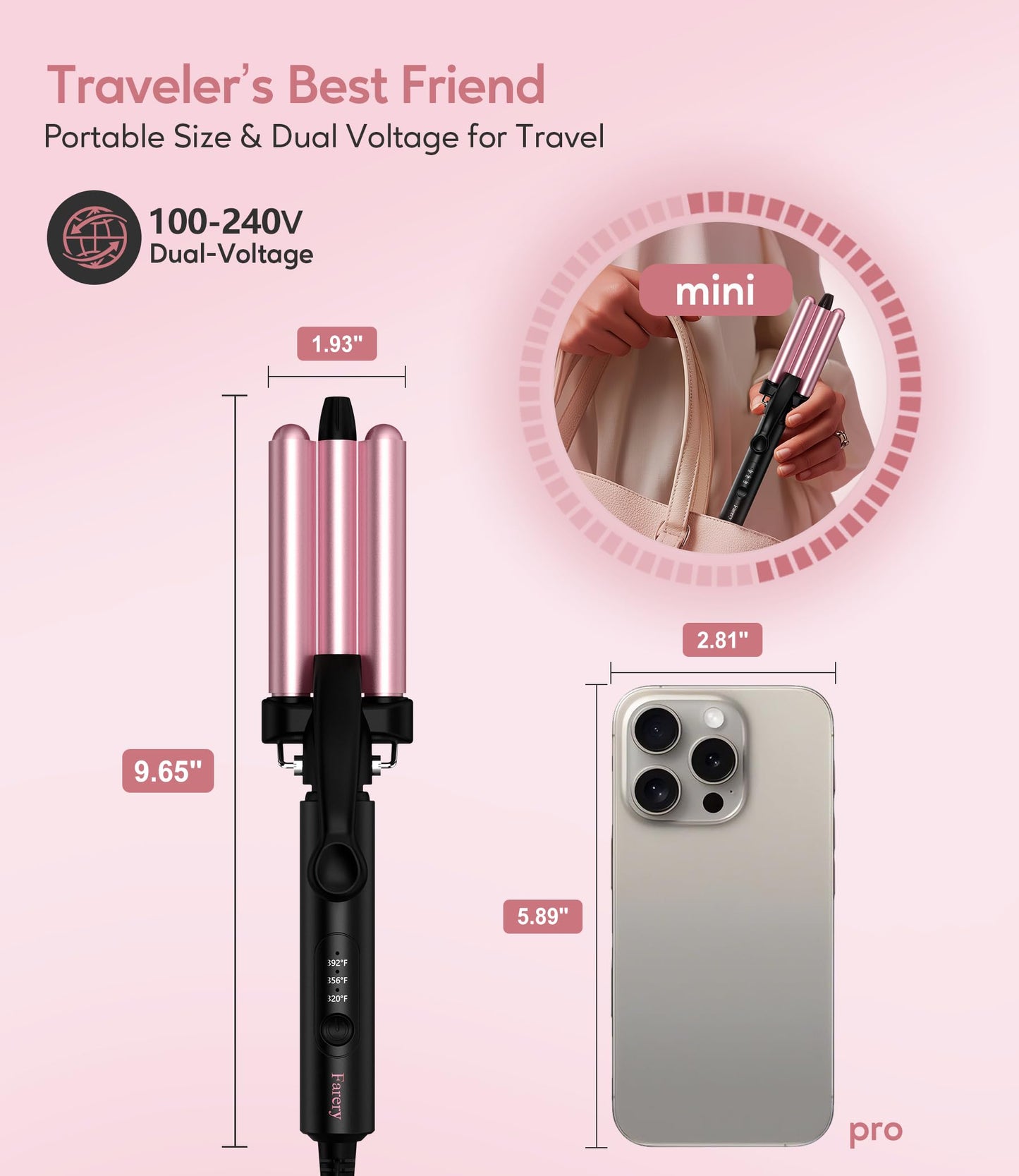 Farery portable beach wave curling iron compact travel size styling tool.