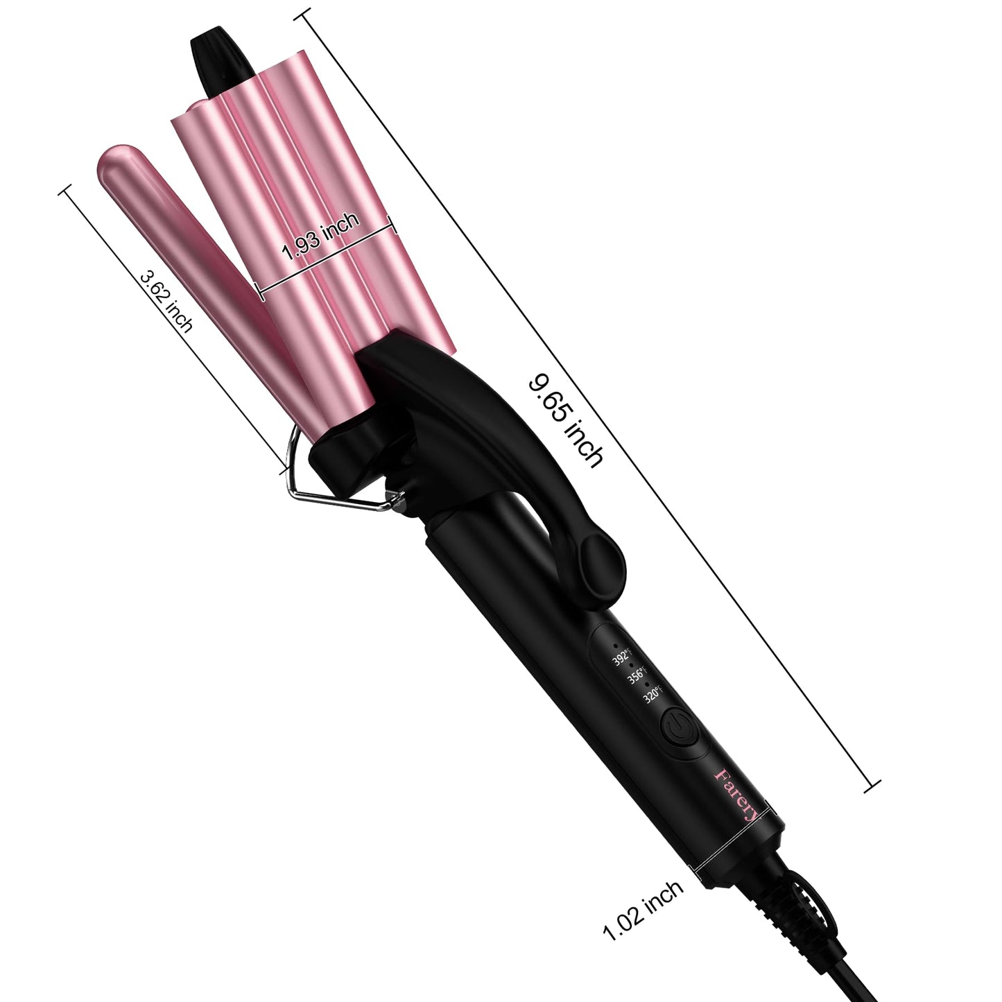Farery three barrel curling iron side angle profile highlighting sleek pink design.