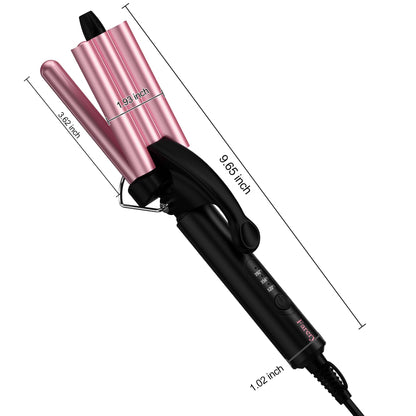 Farery three barrel curling iron side angle profile highlighting sleek pink design.