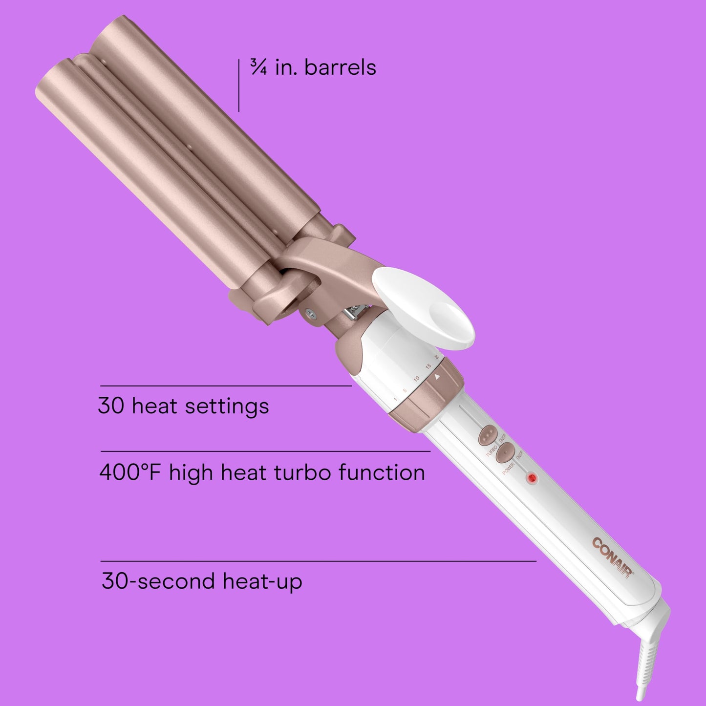 Close up angle of the three ceramic styling barrels on the Conair hair waver tool.