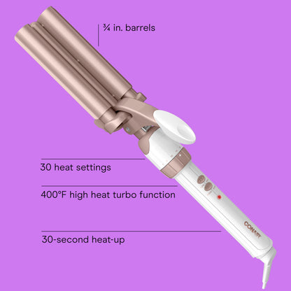 Close up angle of the three ceramic styling barrels on the Conair hair waver tool.