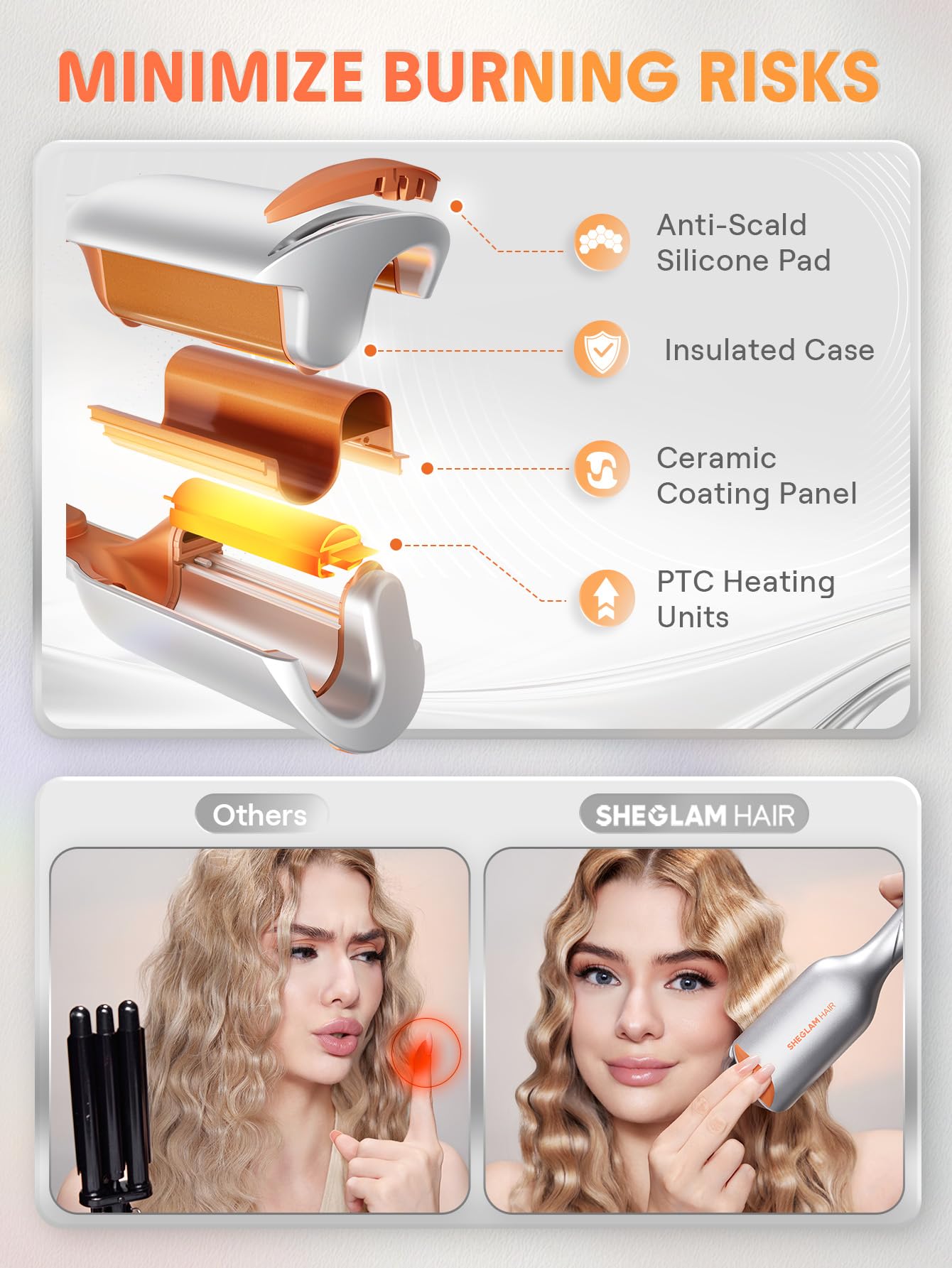 Side view of SHEGLAM 25mm hair crimper tool emphasizing the unique S-shaped heating plates.