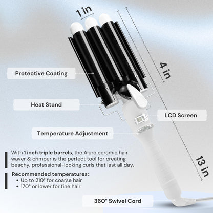 Alure beach wave curling iron wand being adjusted using the intuitive temperature buttons
