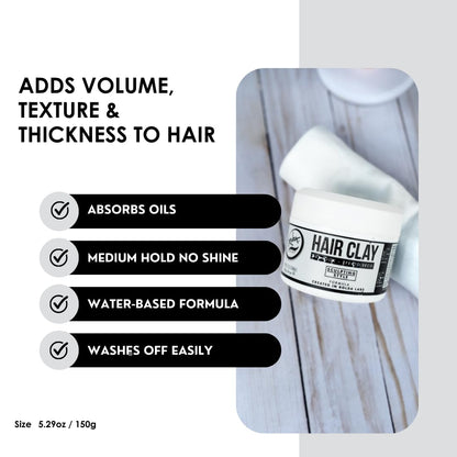 Rolda medium hold hair clay container side profile emphasizing the authentic imported product design