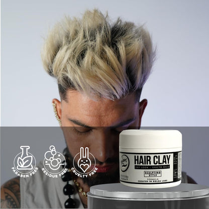 Rolda dry look hair clay placed on a clean background demonstrating its premium grooming quality
