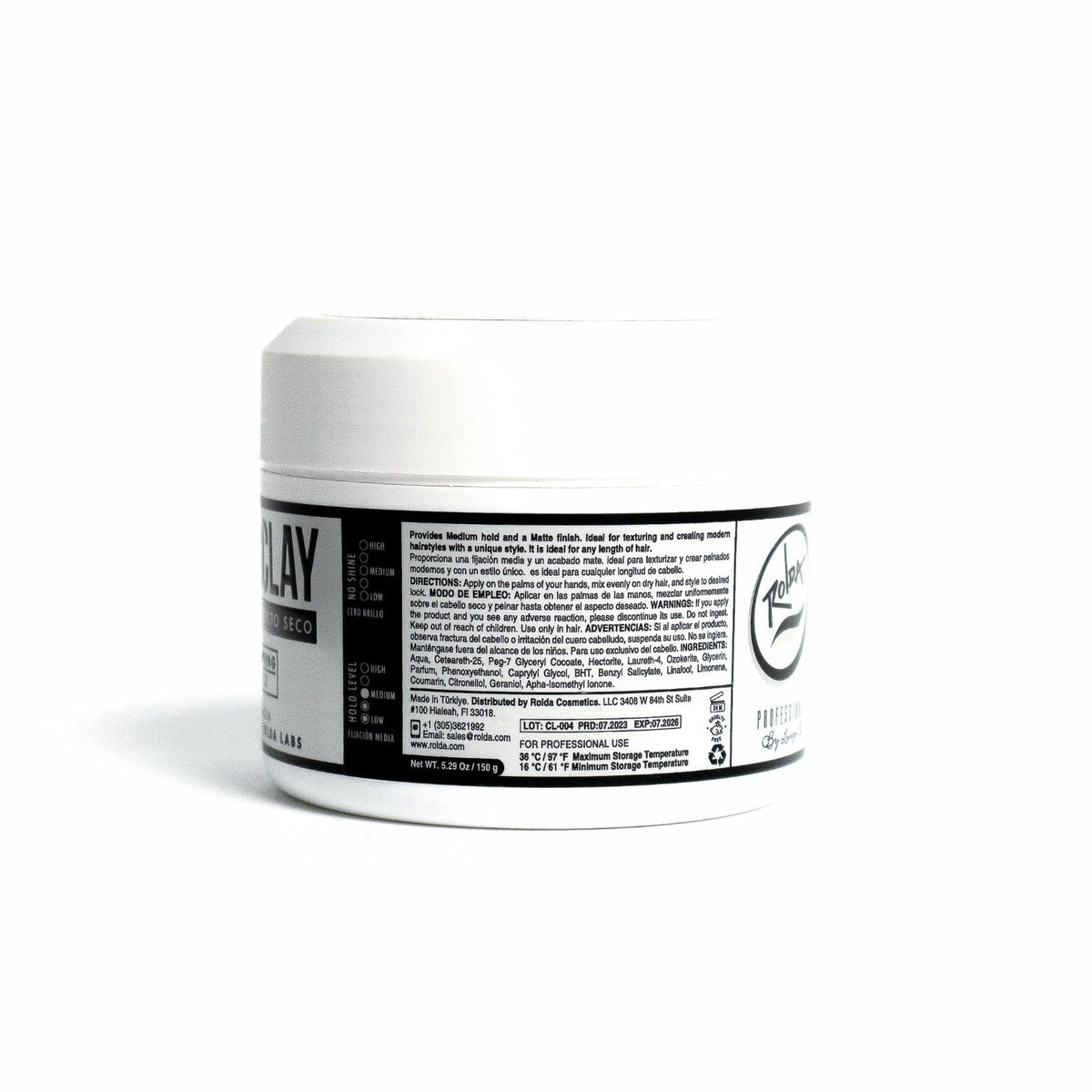 Close up view of the Rolda professional hair clay lid showcasing the official brand logo