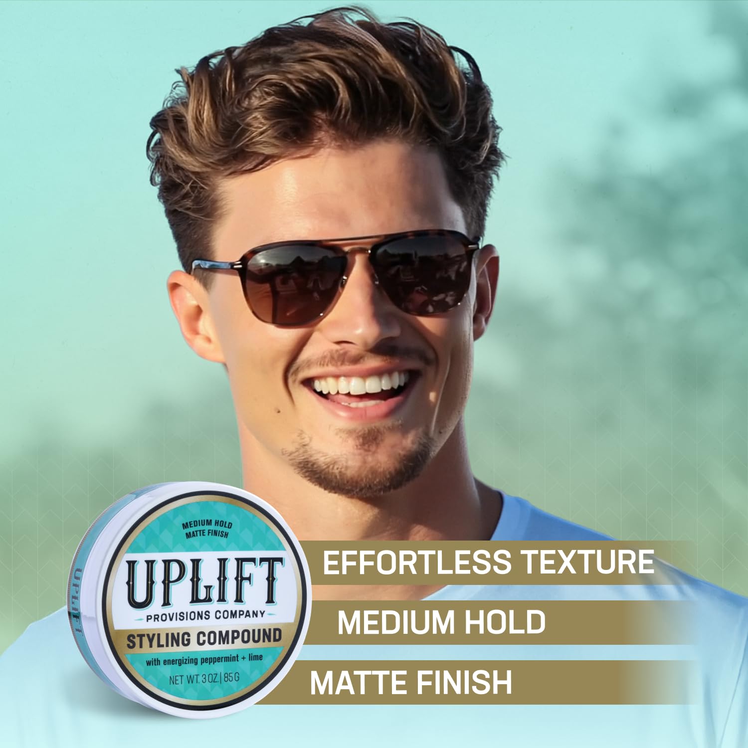 Uplift Provisions Company matte clay pomade side view showing authentic USA packaging
