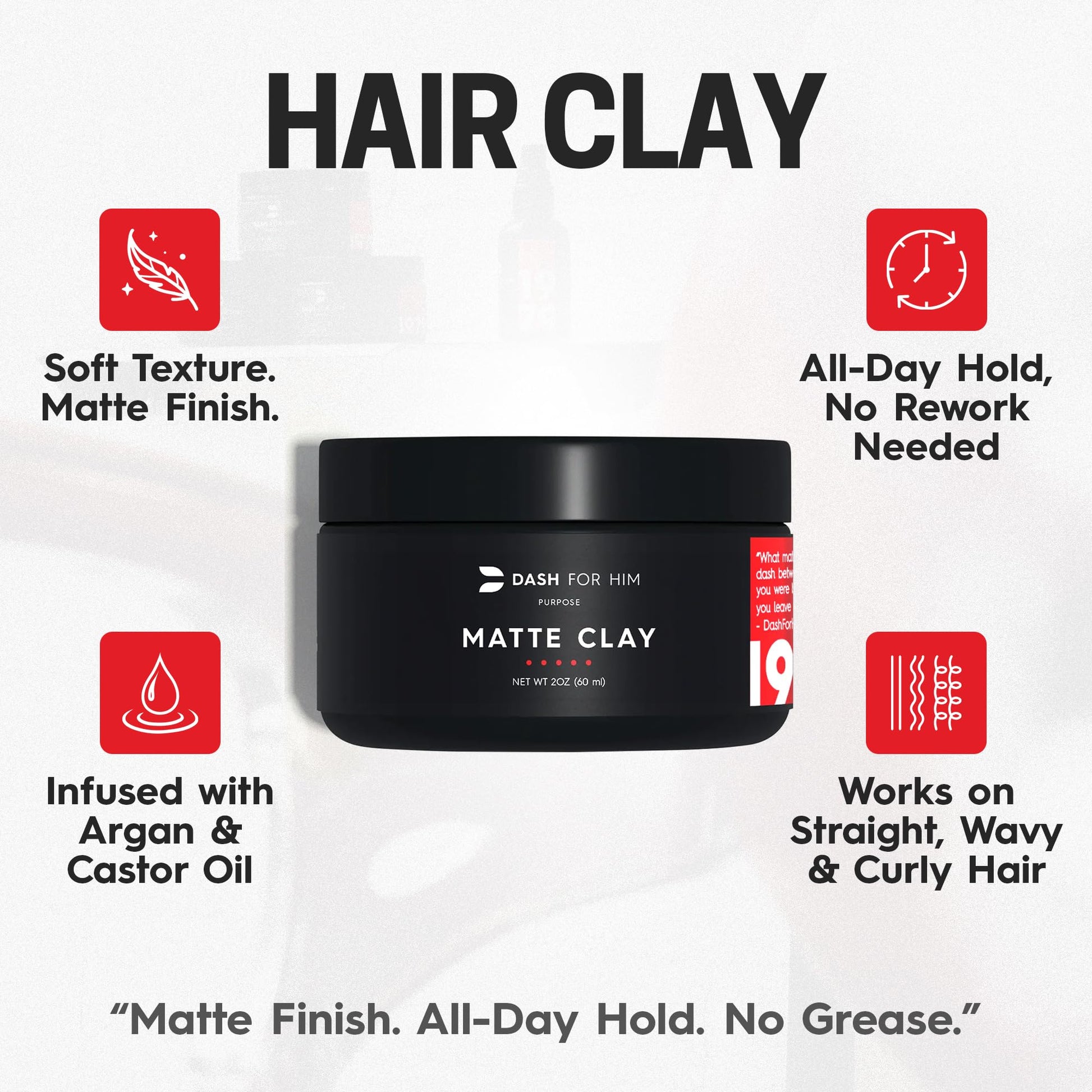 Barber-grade American imported hair clay jar with 2 ounce product label visible.