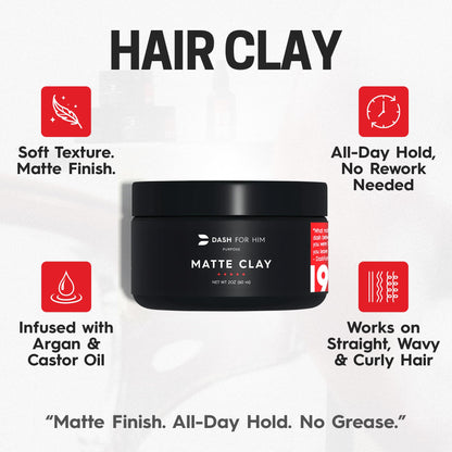 Barber-grade American imported hair clay jar with 2 ounce product label visible.