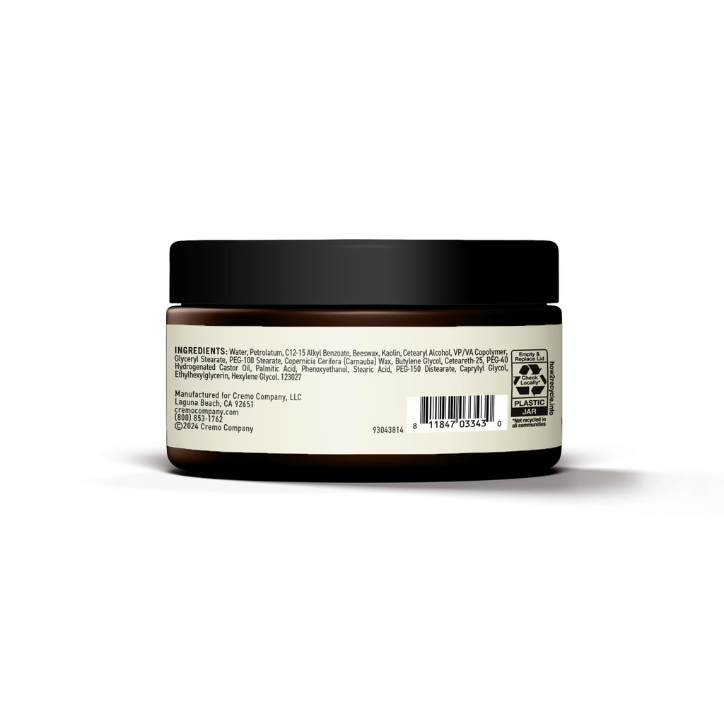 Cremo barber grade matte finish hair clay ingredient list on back packaging