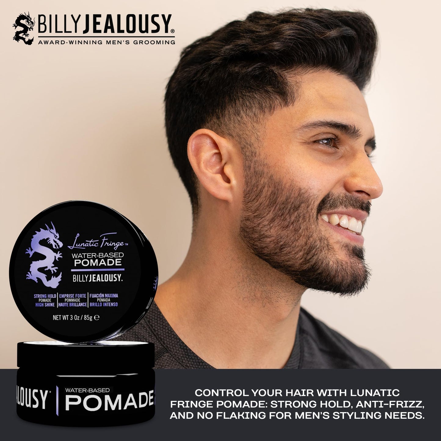 Back label of Billy Jealousy Lunatic Fringe Pomade showing ingredients and usage instructions for men.