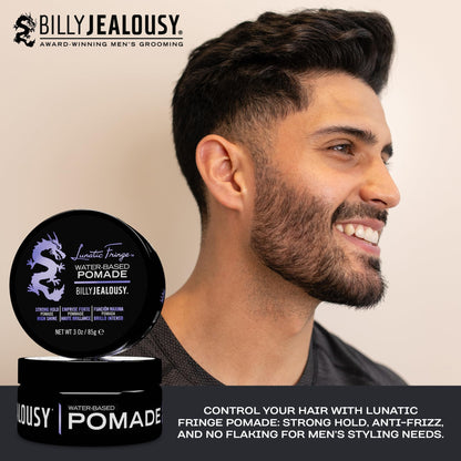 Back label of Billy Jealousy Lunatic Fringe Pomade showing ingredients and usage instructions for men.