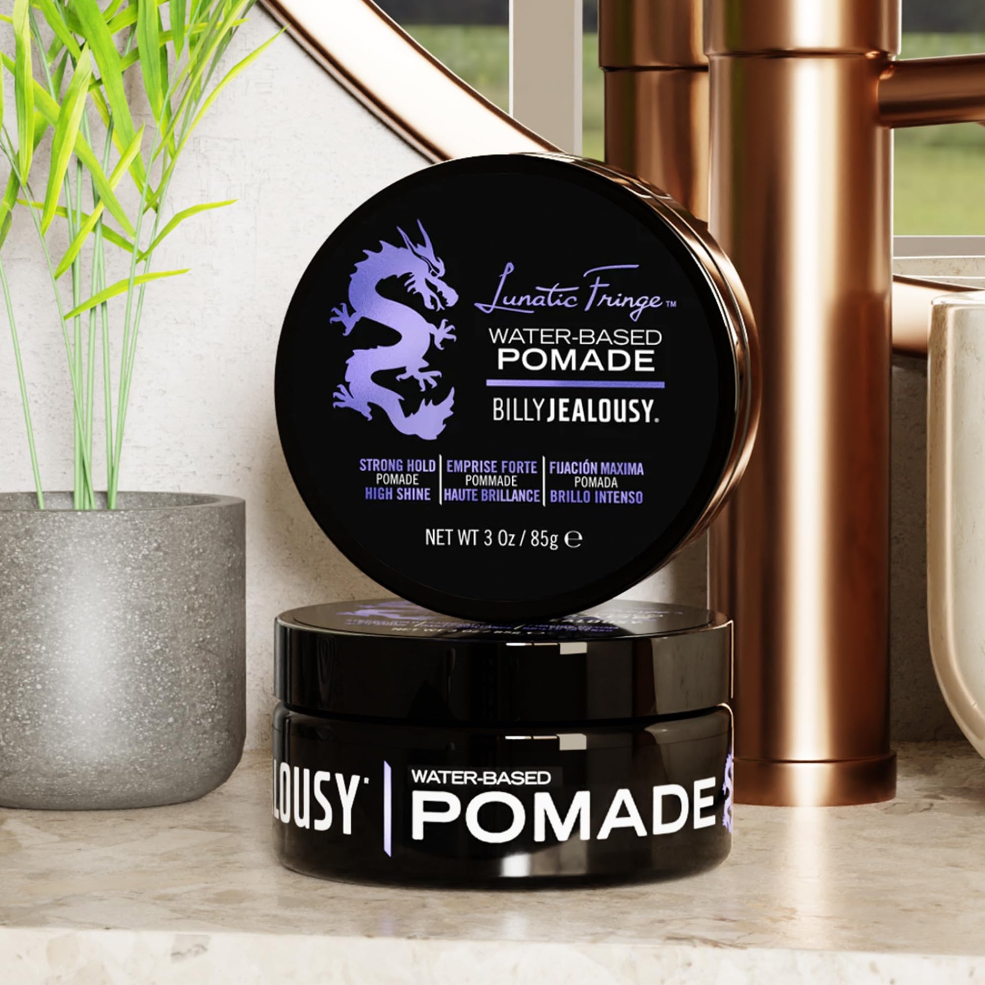 Side view of the water soluble men hair care product packaging highlighting the three ounce size.