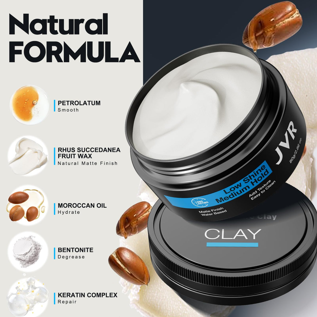 Natural and organic ingredients matte clay product for clean hair volume