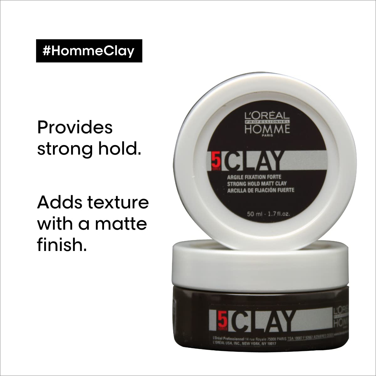 L'OrÃ©al Professionnel Men Matte Clay packaging displaying product strength and definition details.