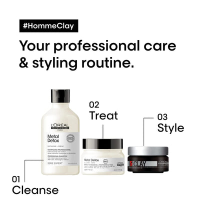 Side angle view of the imported L'OrÃ©al Professionnel strong hold grooming clay jar.