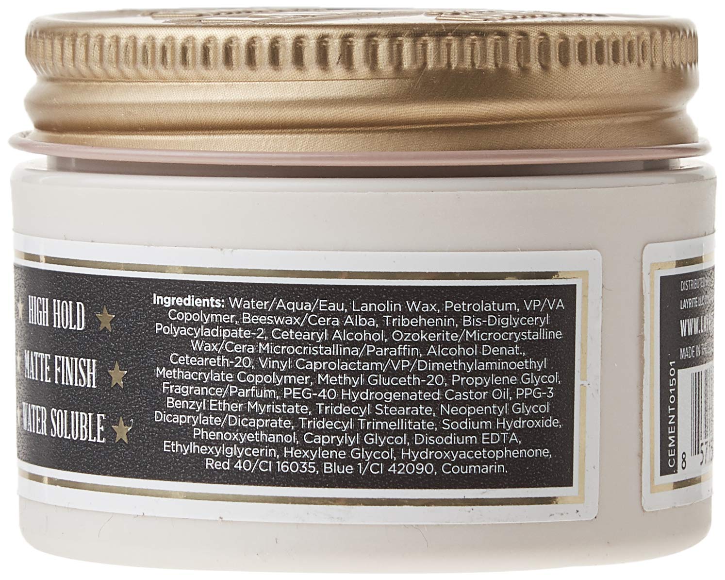 Side angle view of the authentic Layrite mild cream soda scented styling clay packaging.