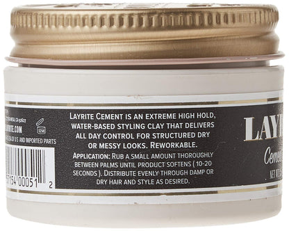 Open jar of Layrite premium water based hair styling clay displaying the creamy formula texture.