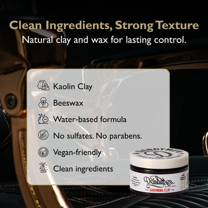 Strong hold hair clay for men application on short textured hairstyle.