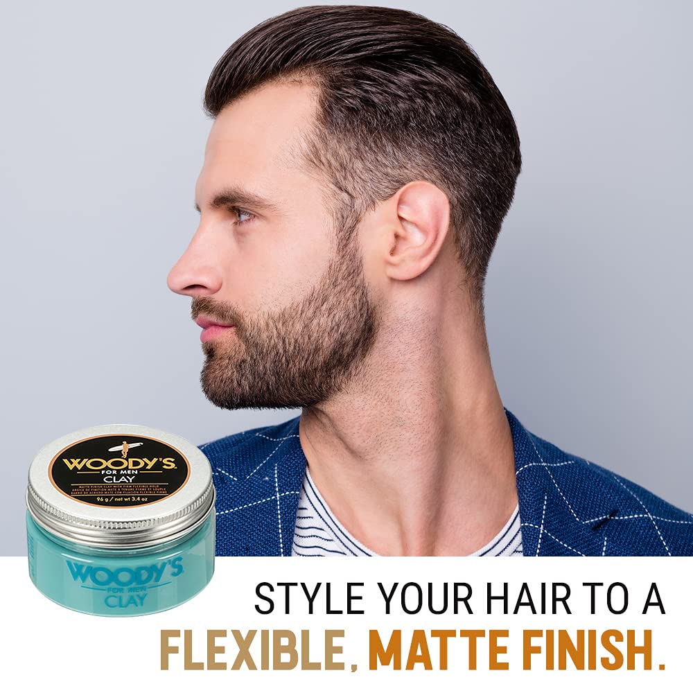 Back label of Woody's sculpting hair clay displaying ingredients and directions for use