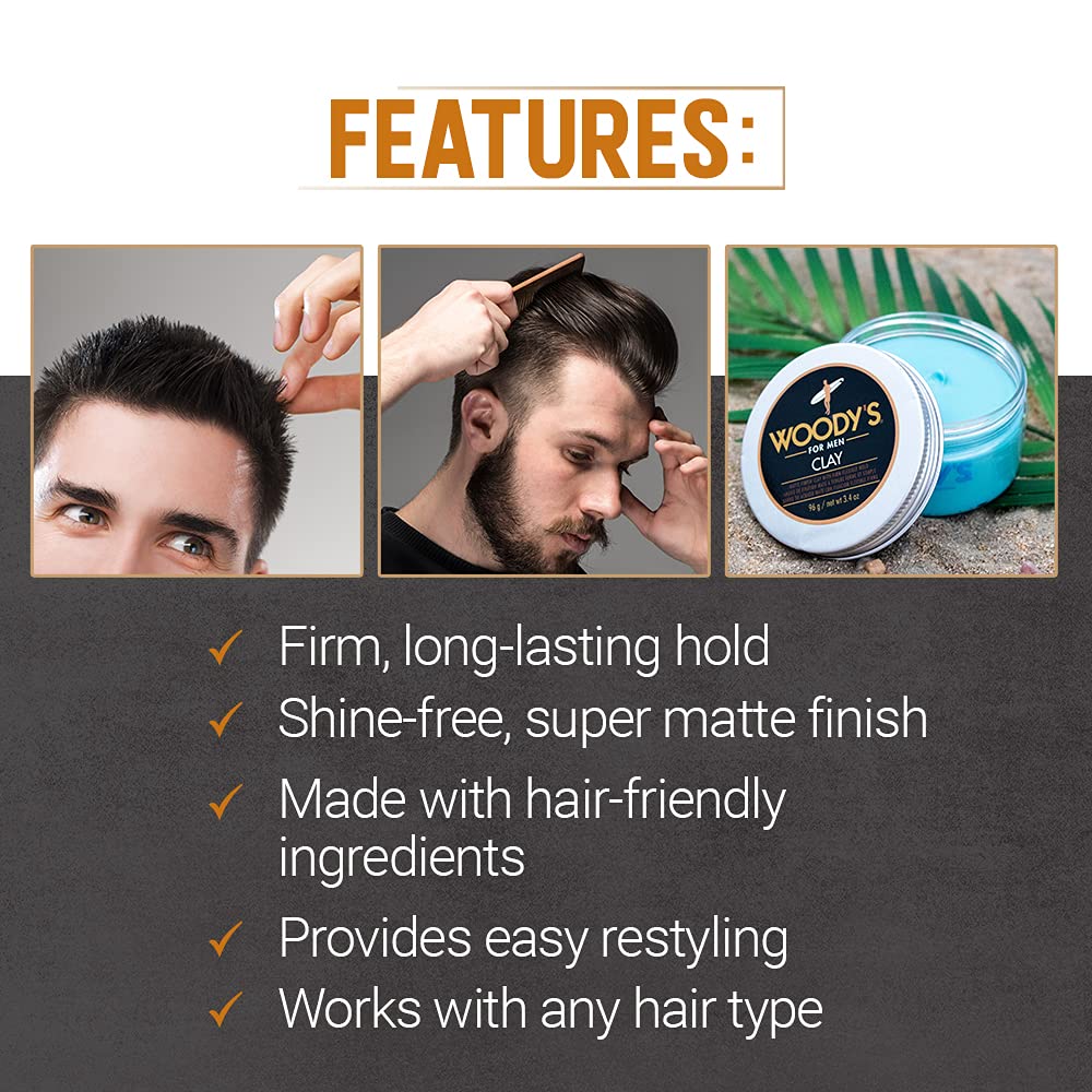 Woody's strong hold flexible control hair clay container placed on a sleek surface