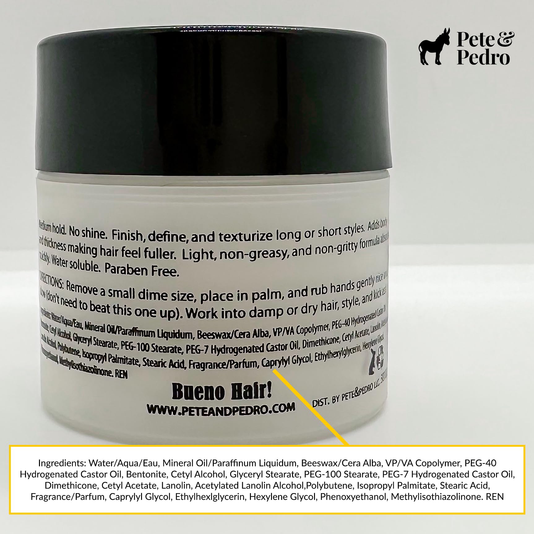 Pete And Pedro paraben-free matte styling clay showing the top lid and official brand logo
