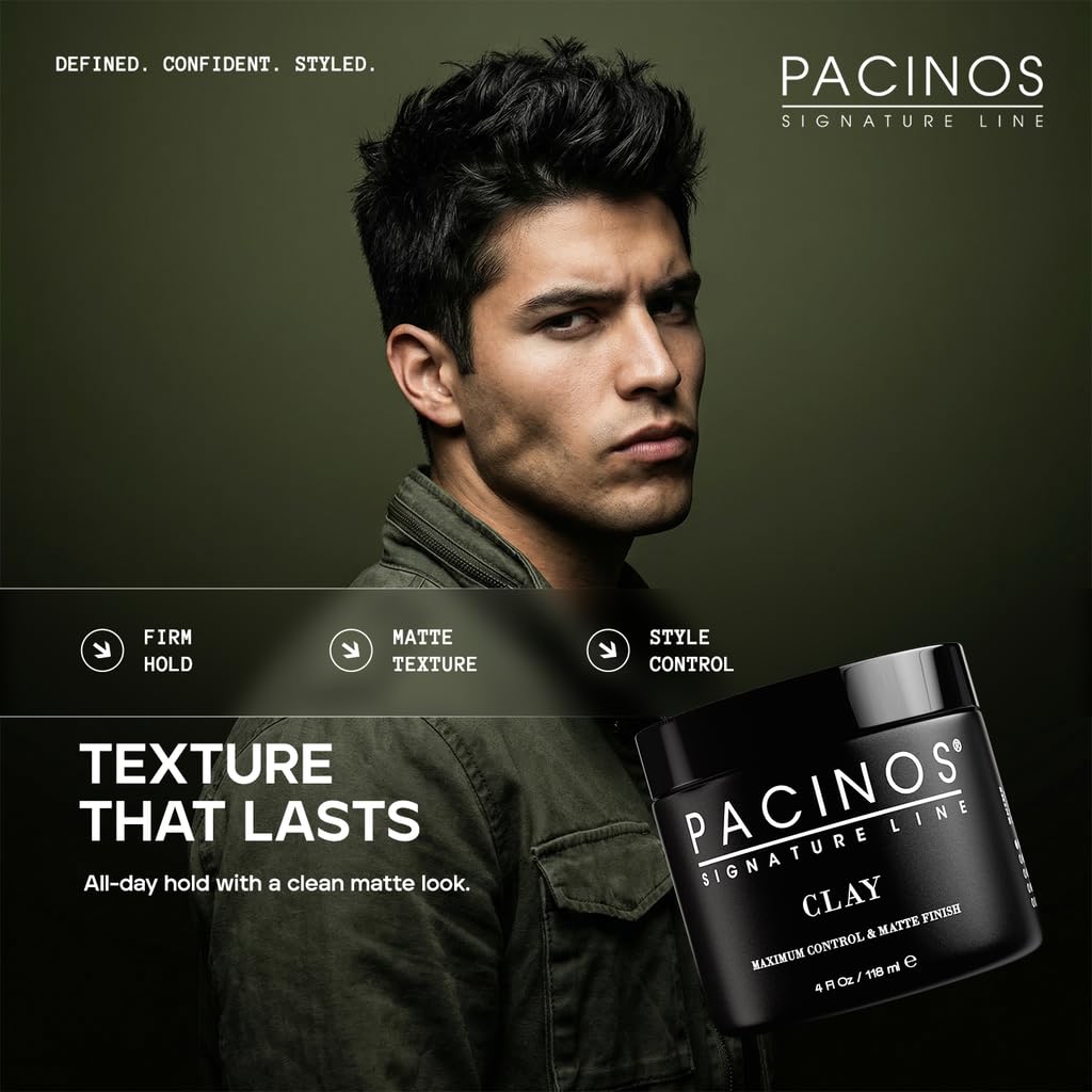 Pacinos Signature Line Clay Strong Hold Matte Finish Styling Wax texture detail showing authentic grooming product
