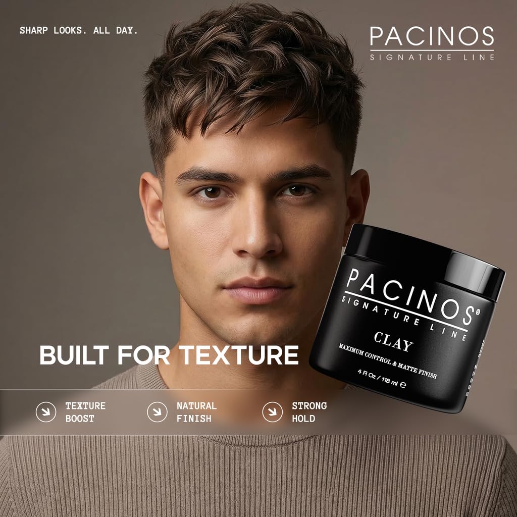 Pacinos hair clay for men showing product packaging with clear firm hold labeling