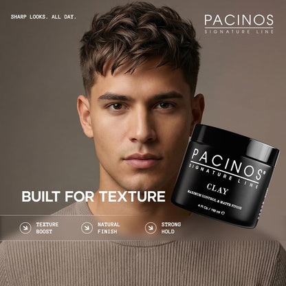 Pacinos hair clay for men showing product packaging with clear firm hold labeling