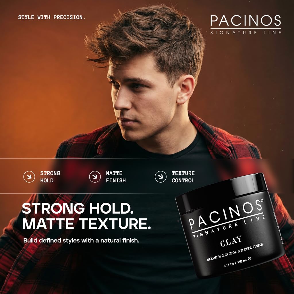 Open jar of Pacinos matte texture hair clay displaying the high-quality styling wax composition