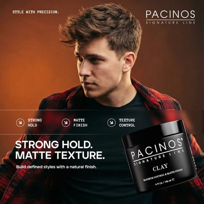 Open jar of Pacinos matte texture hair clay displaying the high-quality styling wax composition