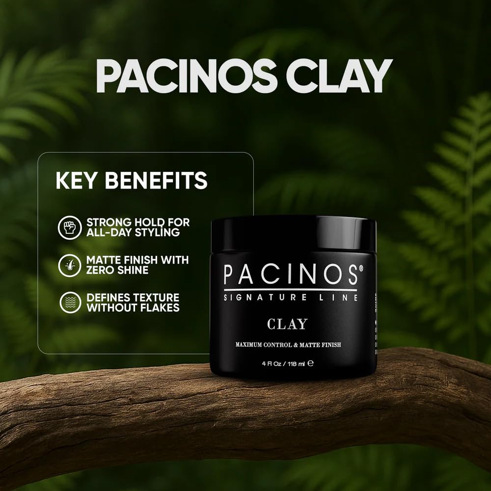 Pacinos Signature Line Clay Hair Paste premium packaging design for professional barber-grade hair control