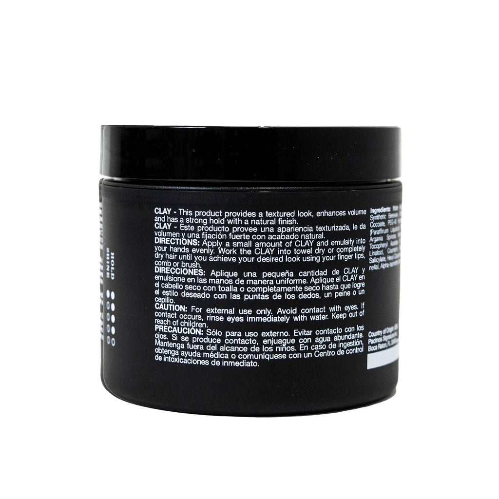 Back label of Pacinos styling clay showing usage guidelines and product specifications for consumers
