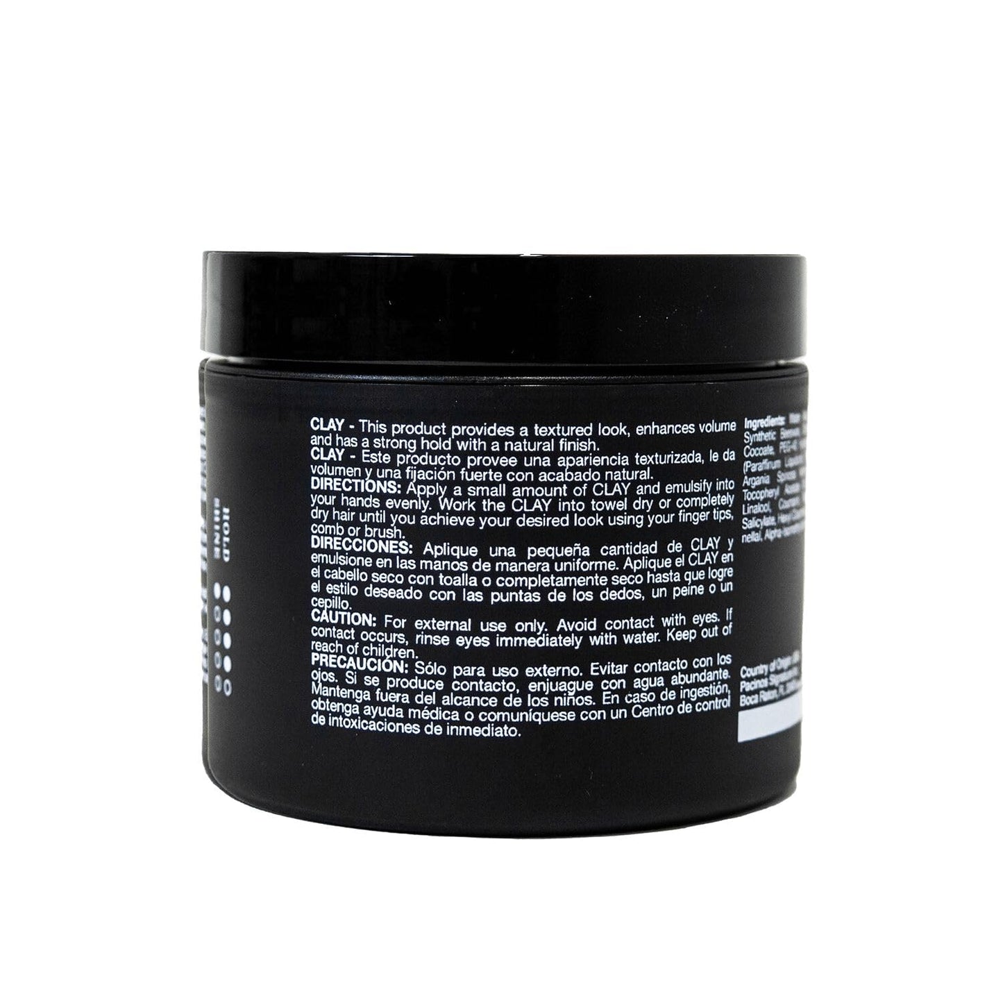 Back label of Pacinos styling clay showing usage guidelines and product specifications for consumers