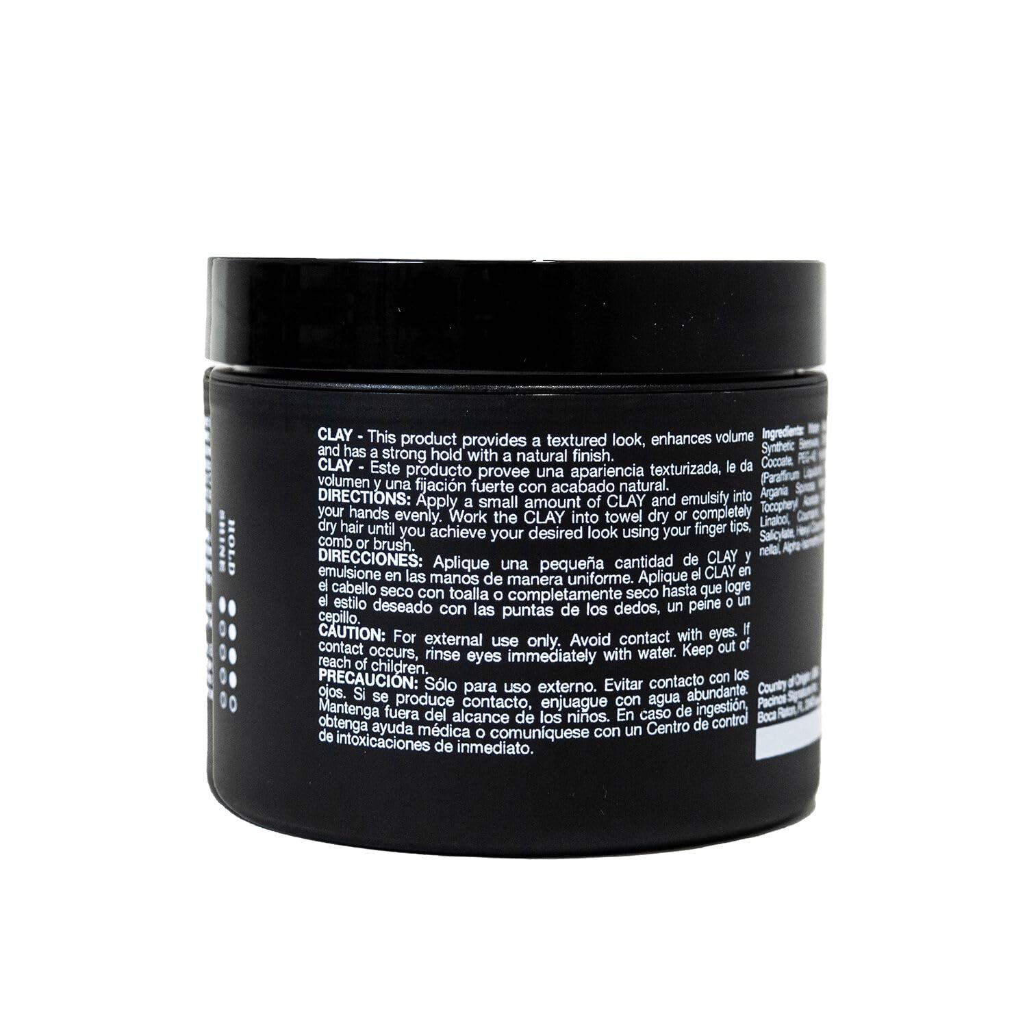 Back label of Pacinos styling clay showing usage guidelines and product specifications for consumers