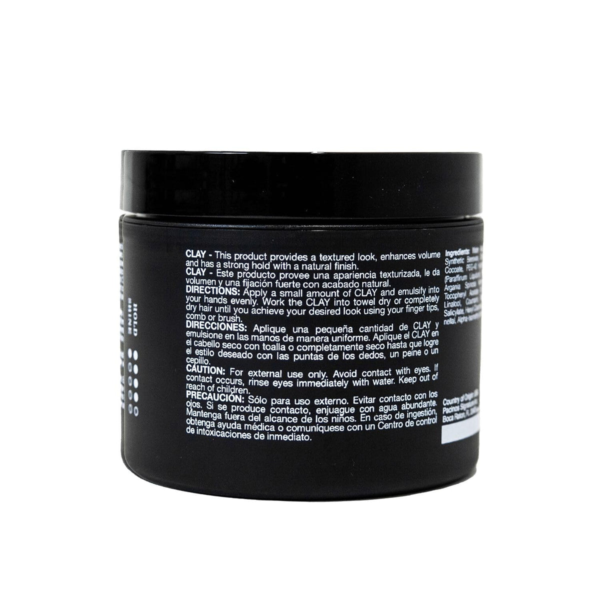 Back label of Pacinos styling clay showing usage guidelines and product specifications for consumers