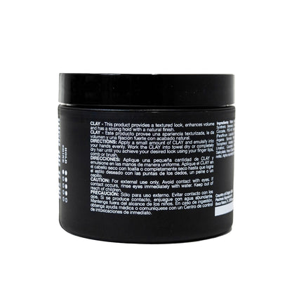 Back label of Pacinos styling clay showing usage guidelines and product specifications for consumers