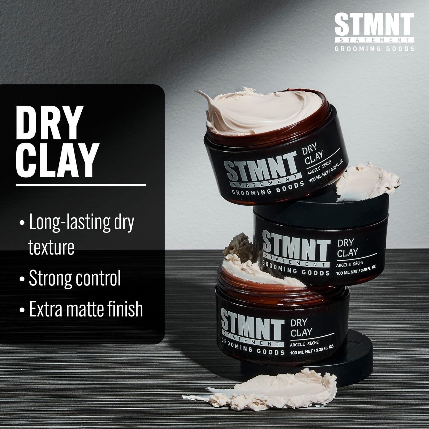 STMNT extra matte finish strong hold clay open container displaying product texture