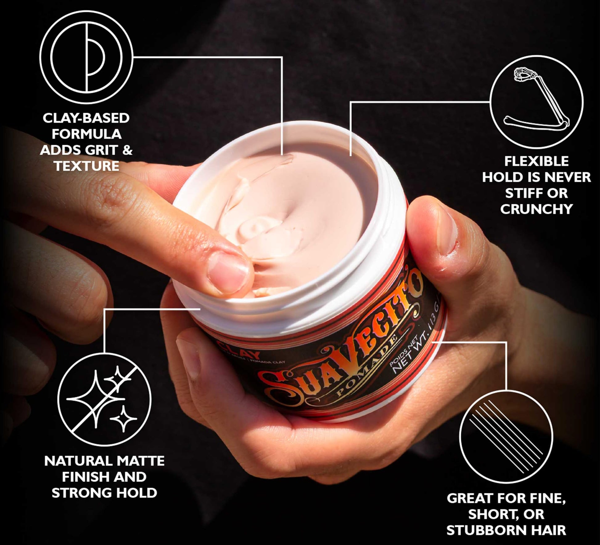 Suavecito Pomade strong hold professional hair clay for men four ounces packaging