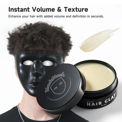 Styling clay for men displayed next to its protective outer retail box.