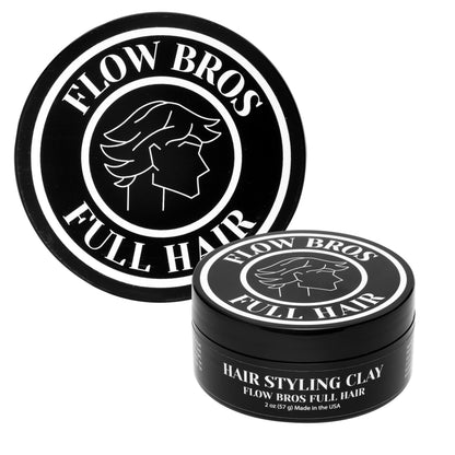 Flow Bros imported USA hair clay container on modern vanity background