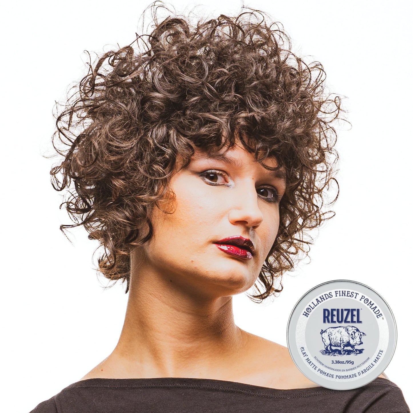Side view of Reuzel medium hold hair pomade showcasing container dimensions and net weight.
