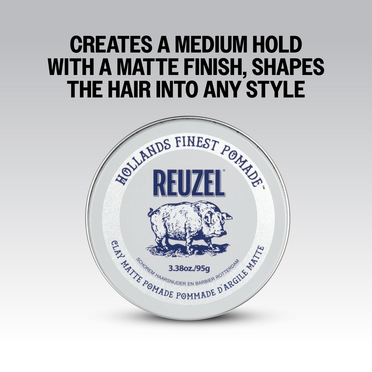 Top angle view of Reuzel clay hair styling product on a clean background.